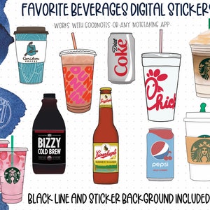 May include: Digital stickers featuring various popular beverages, including coffee, iced tea, soda, and beer. The stickers are designed in a cartoon style with black outlines and a white background. The text "FAVORITE BEVERAGES DIGITAL STICKERS" is at the top of the image. The text "WORKS WITH GOODNOTES OR ANY NOTETAKING APP." is below the title. The text "BLACK LINE AND STICKER BACKGROUND INCLUDED" is at the bottom of the image.