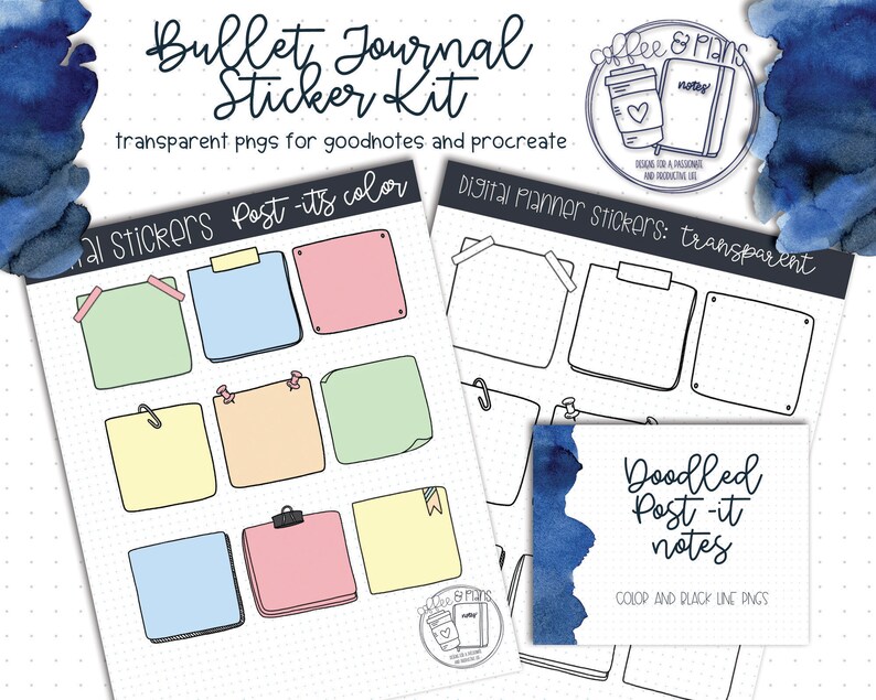May include: Two sets of digital planner stickers for bullet journaling. The first set features 10 colorful post-it note stickers. The second set features 4 transparent post-it note stickers. Both sets are labeled with the text "Digital Planner Stickers".