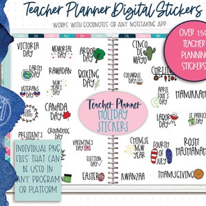 May include: A digital planner sticker set with over 150 teacher planning stickers. The stickers feature various holidays and events, including Valentine's Day, Easter, Cinco de Mayo, and Thanksgiving. The stickers are designed to be used with Goodnotes or any note-taking app.