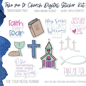May include: A digital sticker kit with a church theme. The stickers feature various religious phrases and images, including a cross, a church building, a fish, and a bible. The stickers are designed for use in digital planners.