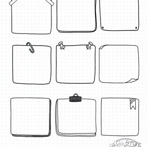 May include: Nine black and white digital planner stickers with different designs. The stickers are transparent and can be used to add a personal touch to your planner. The stickers include a sticky note with tape, a sticky note with push pins, a sticky note with a paper clip, a sticky note with a binder clip, and a sticky note with a ribbon.