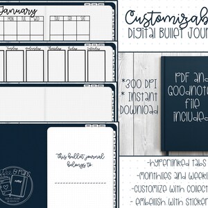 Pode incluir: Um modelo de diário de bala digital com uma capa preta e texto branco. O modelo inclui um calendário mensal, extensões semanais e uma página de "este diário de bala pertence a". O texto "Diário de bala digital personalizável" está na parte superior da imagem. O texto "*300 DPI *Download instantâneo" está no lado esquerdo da imagem. O texto "Arquivo PDF e Goodnotes incluído!" está no lado direito da imagem. O texto "abas hiperligadas - mensais e semanais - personalizar com coleções - embelezar com kits de adesivos" está na parte inferior da imagem.