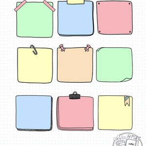 May include: Nine digital stickers of different colored post-it notes with various decorative elements, such as tape, paper clips, and push pins. The stickers are designed for use in digital planners and journals.