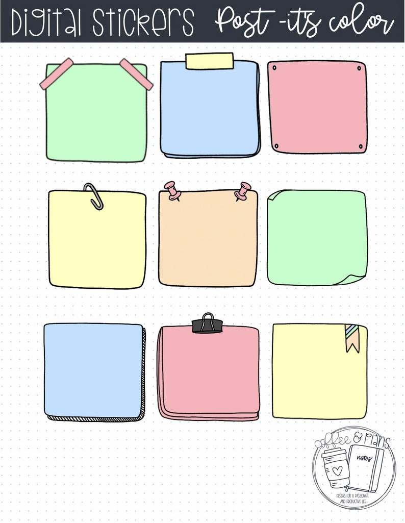 May include: Nine digital stickers of different colored post-it notes with various decorative elements, such as tape, paper clips, and push pins. The stickers are designed for use in digital planners and journals.