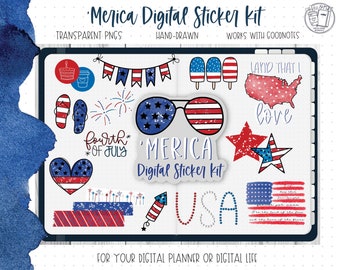 May include: A digital sticker kit with a patriotic theme featuring red, white, and blue stars, stripes, and fireworks. The kit includes stickers with the words "Merica", "Fourth of July", "Land That I Love", and "USA".