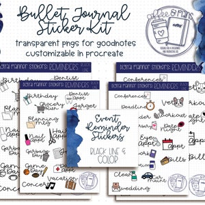 May include: A digital planner sticker kit with black line drawings of various reminders, including birthday, dentist appointment, grocery shopping, and more. The stickers are designed for use in digital planners and are customizable in Procreate.