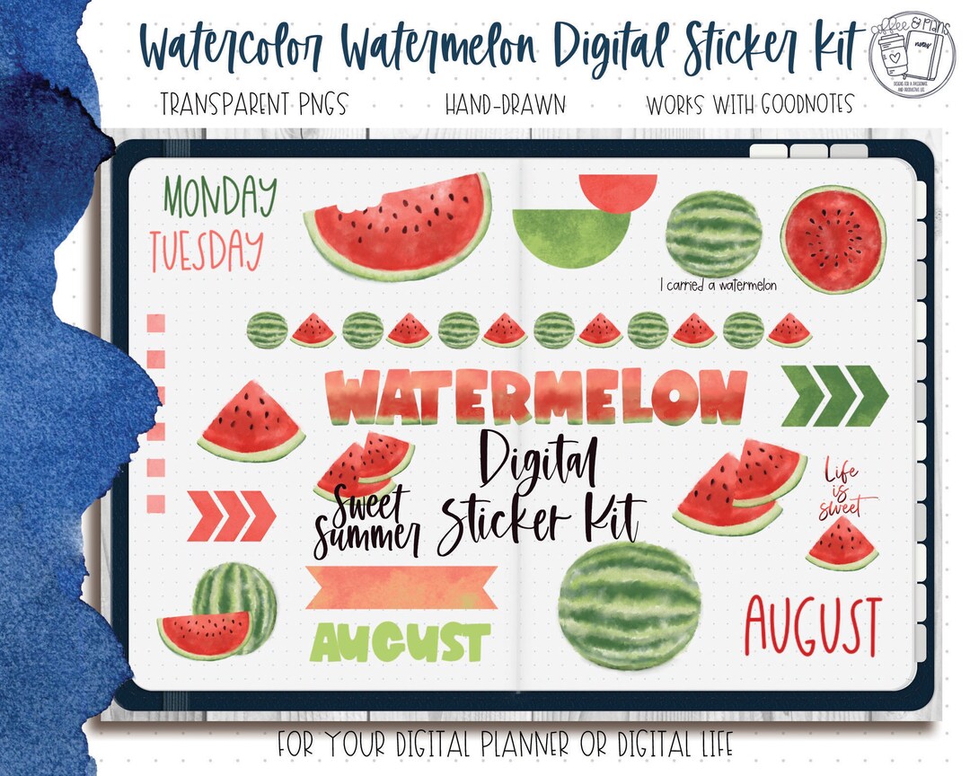 Watermelon Digital Sticker Watercolor Watermelon Digital Sticker Kit | Goodnotes Stickers iPad ...