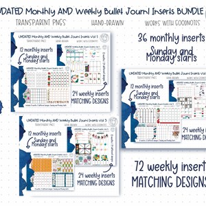 May include: A bundle of undated monthly and weekly bullet journal inserts. The image shows three sets of inserts with transparent PNGs, hand-drawn designs, and compatibility with GoodNotes. Includes 36 monthly and 72 weekly inserts.