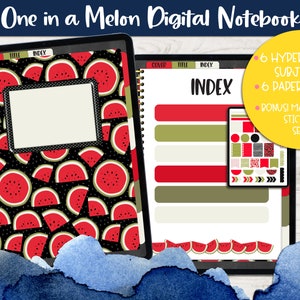 Puede incluir: Cuaderno digital con temática de sandía. La portada presenta un fondo negro con rodajas de sandía rojas. El cuaderno incluye 6 temas con hipervínculos, 6 tipos de papel y un juego de pegatinas de bonificación. El texto "One in a Melon Digital Notebook" está en la parte superior.