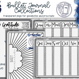 May include: A set of printable bullet journal pages for digital planners. The pages include a daily gratitude log, a monthly calendar, and a yearly calendar. The pages are designed in a minimalist style with black and white lines.