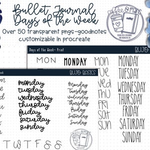 Può includere: Un set di adesivi stampabili per bullet journal che presentano i giorni della settimana in vari stili. Gli adesivi sono in bianco e nero e includono sia i nomi abbreviati che completi di ogni giorno. Il testo "BUJO Basics" è incluso anche sul foglio di adesivi.