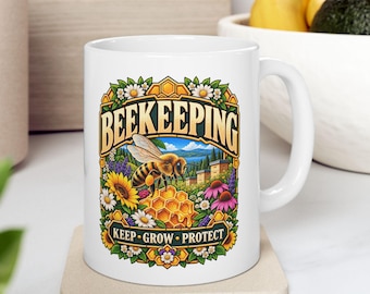 Beekeeping Mug, Beekeeper Gift, Bee Lover Coffee Cup, Keep Grow Protect