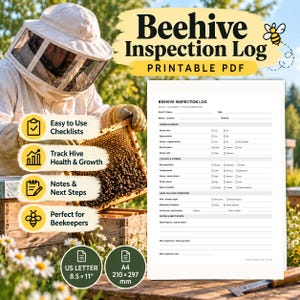 Druckbares Bienenstock-Inspektionsprotokoll, Checkliste für die Imkerei, US Letter und A4 (PDF-Download)