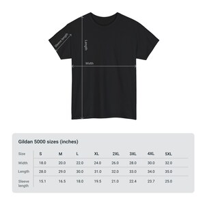 May include: A size chart for Gildan 5000 t-shirts, showing measurements in inches for sizes S through 5XL. The chart includes width, length, and sleeve length.