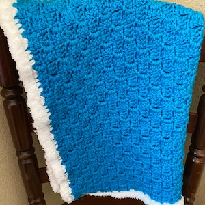 Crochet BabyDoll Blanket, Large Blue with White Trim, C2C Crochet Afghan