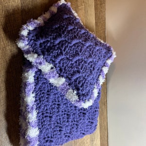 Homemade Crochet Purple Small Doll Afghan with Purple/White Fluffy Edging, with matching pillow, C2C