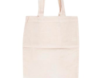 May include: A plain white tote bag with two fabric handles. The bag is made of natural cotton and has a smooth, unbleached finish.