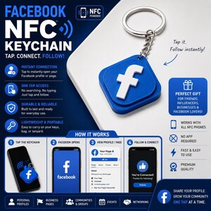 May include: A blue square NFC keychain featuring a white Facebook logo, attached to a silver metal keyring. The product display includes text detailing features like instant connection, one tap access, and instructions on how it works with smartphones.