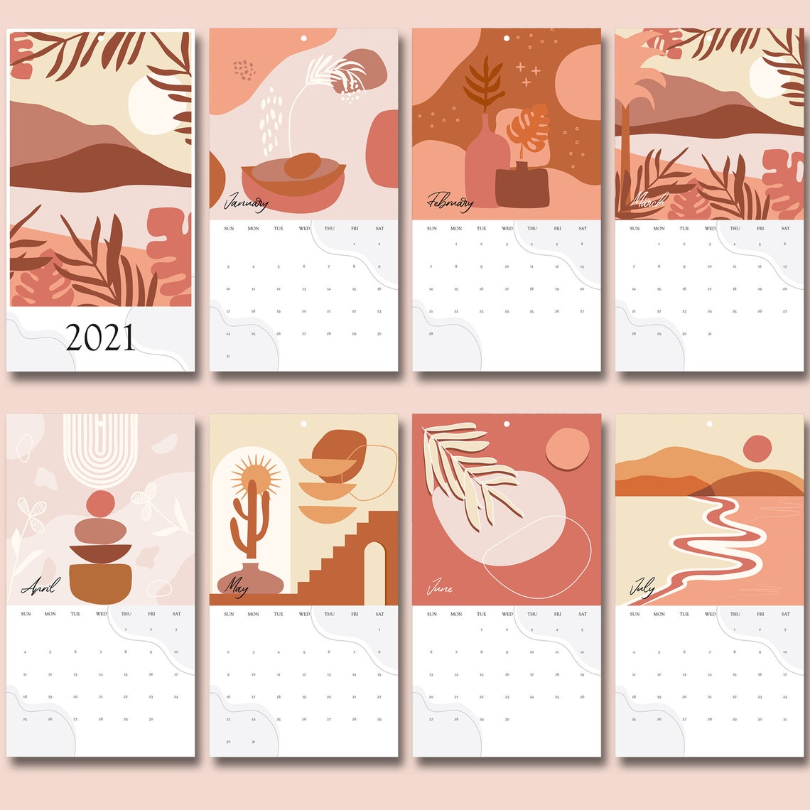 2021 Modern Bohemian Wall Calendar Contemporary Earth Tone Etsy