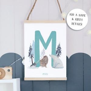 Baby Arctic Personalised Initial + Name Print, Birth Print, Art, Poster, Children's Bedroom, Nursery,  Kids Name, Child, unframed