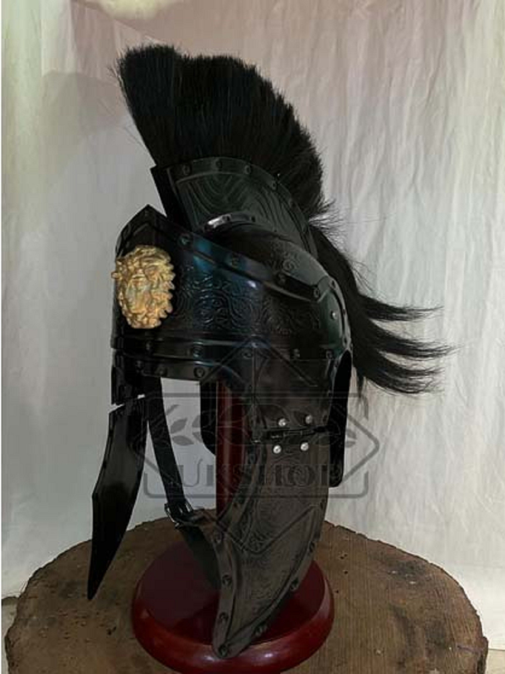 Casco de armadura de guerrero medieval griego corintio con plumas y pelos |  Forro de cuero | Disfraz de caballero guerrero troyano romano espartano