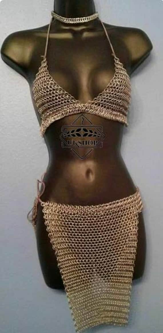 Medieval Chainmail Halter, Aluminum Butted Sports Bra Sexy Costume White  Anodize