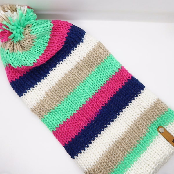 Pastel stripe beanie, pastel stripe ski hat, knitting machine hat, red heart derby stripe hat, knit hat with yarn pom pom, Multicolor beanie