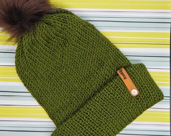 Green Knit hat with brown pom pom, machine knit green beanie, green knit hat with faux fur pom pom, green knit hat