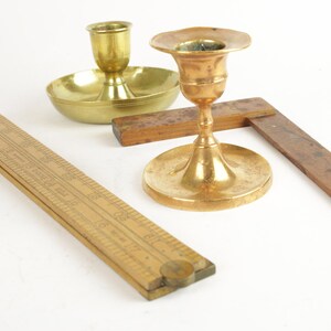 1800s two candleholders (brass) and two wooden rulers