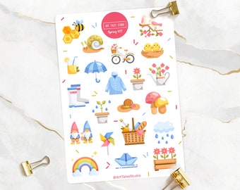 Spring Sticker Sheet, Seasonal Stickers, Planner Stickers, Bullet Journal Stickers, Nature Stickers, Garden, Rain, Bee, Easter, Gnomes, Bujo