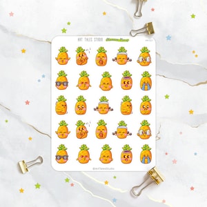 Folha de adesivos de emoticons de abacaxi fofo, adesivo de abacaxi, humor, emoção, cara feliz, funcional, adesivos de planejador, Bujo, adesivos de diário