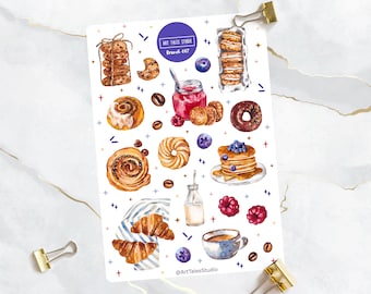 Brunch Sticker Sheet, Voedsel Stickers, Ontbijt, Koffie, Jam, Scrolls, Pannenkoeken, Bessen, Planner Stickers, Bullet Journal Stickers, Bujo