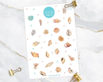 Ark med snäckskalsklistermärken, snäcksklistermärken, sommarklistermärken, havsklistermärken, strandklistermärken, planeringsklistermärken, bullet journal-klistermärken