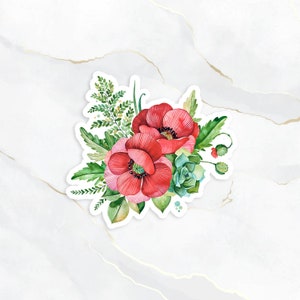 Poppies Bouquet Sticker 3x2 in, Sticker Flake, Die cut Sticker Anzac Day, Bouquet de fleurs, Floral, Plant Lover, Sticker pour ordinateur portable, Planner, Bujo