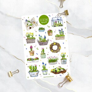 Folha de adesivos de primavera, adesivos de jardim, florais, flores, estufa, verão, adesivos de vegetação, adesivos de planejador, adesivos de diário com marcadores, Bujo