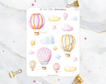 Hot Air Balloon Sticker Sheet, Balloon Sticker, Planner Stickers, Clouds, Stars, Stationary, Bujo, Journal Sticker, Travel Sticker,Scrapbook
