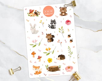 Woodland Sticker Sheet, Woodland Stickers, Planner Stickers, Bullet Journal Stickers, Forest Animals, Fox, Bear, Rabbit, Hedgehog, Mushrooms