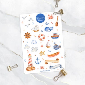 Foglio di adesivi nautici, adesivi marittimi, adesivi per pianificatori, adesivi per bullet journal, adesivi per l'oceano, adesivi per le vacanze, adesivi per la spiaggia, marini
