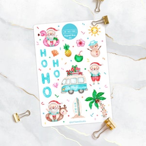 Adesivi natalizi australiani, Foglio adesivo, Adesivi australiani, Adesivi planner, Festivo, Spiaggia, Babbo Natale, Adesivi natalizi, Natale tropicale