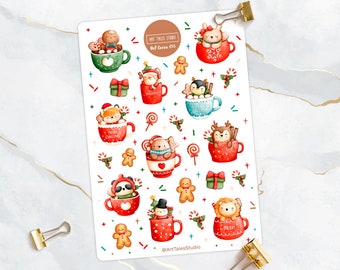 Hoja de pegatinas de cacao caliente, pegatinas de taza de invierno, café, chocolate caliente, pegatinas de planificador, pegatinas de bullet journal, Navidad, festivo, taza, café
