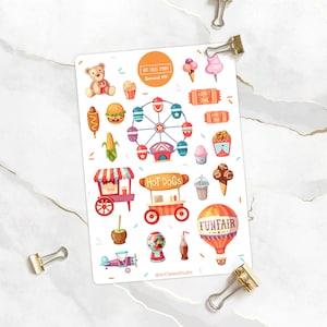 Carnaval-stickervel, stickers paasshow, voedselstickers, plannerstickers, bujo, kermis, themapark, reuzenrad, maïshond, stickers