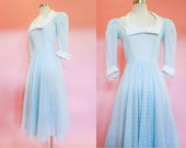 1970s Blue Polka Dot Midi Dress XS-S 1970s does 50s Prairie Formal Prom Dress