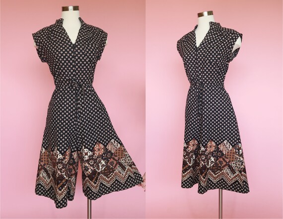 1970s Hippie Tribal Culotte Jumpsuit | M | Dark Fl