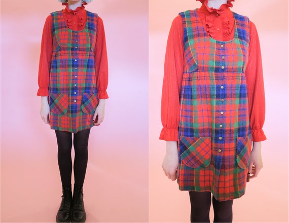 1970s Plaid Mini Dress | S | Button Down Red Green