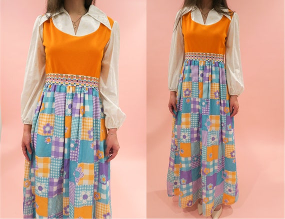 1970s Novelty Patchwork Maxi Dress | S | Plaid Gin