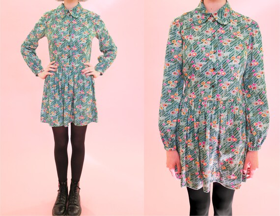 1960s Dog Ear Collar Green Novelty Mini Dress | XS