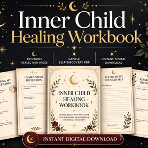 Puede incluir: Un cuaderno digital titulado "Inner Child Healing Workbook" con páginas de reflexión imprimibles. La portada presenta una luna creciente y un diseño floral. El cuaderno ofrece autodescubrimiento suave y conciencia emocional.