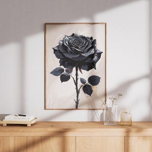 Black Rose Wall Art Dark Floral Digital Print, Gothic Botanical Illustration, Minimalist Aesthetic Decor