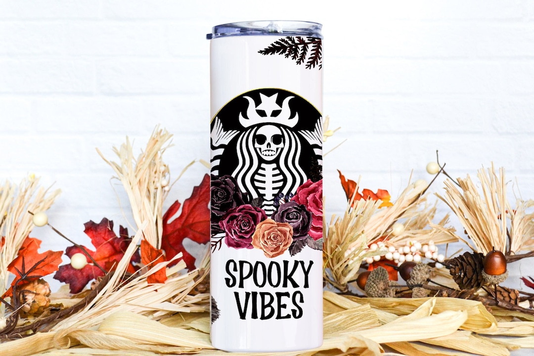 Spooky Vibes Starbucks Halloween Tumbler, Skull Flower Coffee Tumbler