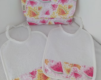 Set of nursery bibs and bib holder bag. Nursery bibs with embroidery. Personalized bibs set. Embroidered terry bibs